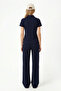 Women's Nola Modal Touch Zippered Polo Collar Waist Elastic Pocketed Navy Blue Top and Bottom Set - 6