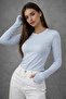 Women's Ice Blue Finger-Looped Crew Neck Blouse - 2