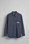 Men's Striped Oversize Long Sleeve Shirt with Embroidery Detail Navy Blue