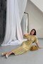 Women's Oil Green V-Neck Gathered Waist Soft Textured Lined Midi Dress - 2