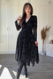 Velvet Printed V-Neck Asymmetrical Midi Black Dress - 7
