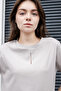 Women's Silky Soft Fabric Wide Crew Neck Tshirt Blouse with Front Window and Side Slits - Stone - 3
