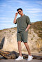 V-Neck Khaki Color Washed Linen Set - 3