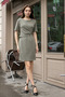 Women's Lycra Modal Silky Fabric Boat Neck Dress with Accessories in Front and Above the Elbow - Khaki