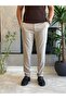 Men's Slim Fit Elastic Waist and Lace-Up Fabric Trousers Beige Eca063