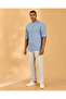 Men Blue Striped Cotton Slub Mandarin Collar Shirt - 2