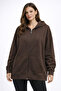 Women's Bitter Brown 3 Thread Hooded Zippered Oversize Sweatshirt Nj105 - 2