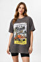 Women's Gray Crew Neck Beach Printed Oversize T-Shirt Nj103