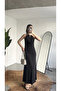 Women's Black Halter Neck Maxi Long Evening Dress with Gold Accessories, Draped and Backless