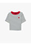 Cotton Heart Embroidered Short Sleeve Crew Neck Striped T-Shirt - 5