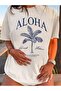 تي شيرت نسائي أبيض مطبوع عليه Aloha مقاس كبير - 2