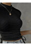 Black Scallop Detailed Side Gathered Crop Blouse, Short Sleeve Summer Women's Top, Black Lace Patterned Crop Blouse - 8