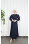 Double Suit with Pleated Skirt and Gathered Detail on the Sleeve Ends, Navy Blue Hnt85861 - 3