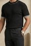 Men's Ribbed Knit T-Shirt Black - Garnished Striped Collar, Fit, Summer, Knitted - 2