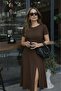 Women's Short Sleeve Crew Neck Deep Slit Detail Viscose Dress - 2