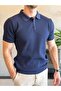 Men's Slim Fit Polo Collar Button Detailed Textured Tshirt Navy Blue Eca058 - 2