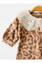Baby Girl Leopard Patterned Brown Jumpsuit with Scallop Collar - 2