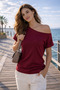 Women's Knitwear Blouse Claret Red Short Sleeve Batwing Sleeve Sausage Collar Boat Neck Casual Soft Stylish - 6