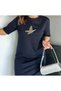 Stone-Embellished Bird-Detail Navy Blue Dress - 3
