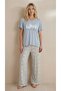 Women's Blue Leaf Patterned Buttonless Wide Collar Viscose Oversized Short Sleeve Palazzo Pajama Suit Homewear - 7