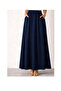 Women's Navy Blue Double Ankle-Length Poplin Skirt with Elastic Waist and Pockets - 2