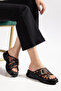 Black Women's Wedge Heel Slippers with Cross Straps and Leopard Pattern - 2