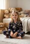 Girl's Pajama Set Navy Blue Color Plaid Teddy Bear Patterned Cotton Long Sleeve - 3