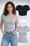 3-Piece Set U-Neck Short-Sleeve Corded Fabric Cotton Blouse T-Shirt
