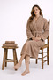 Women's Bathrobe Set 100% Cotton Certified 3-Piece Striped Shawl Collar Bathrobe and Towel Set - Beige - 2