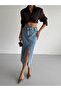 Asymmetrical Waist Detail, Five Pockets, Front Slit, Midi Length Denim Skirt 52202075 - 2