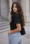 Women's Crew Neck Textured Short Sleeve Accordion Model Design Sporty Stylish Cropped Blouse - 3