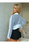 Women's White Blue Striped Garnished Long Sleeve Pocketed Linen Blend Oversize Tunic Shirt - 8