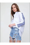 Women's White Blue Striped Garnished Long Sleeve Pocketed Linen Blend Oversize Tunic Shirt - 2