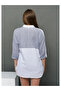 Women's White Blue Striped Garnished Long Sleeve Pocketed Linen Blend Oversize Tunic Shirt - 4