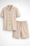 Men's Waffle Fabric Short Sleeve Shirt Shorts Set Regular Fit Summer Two-Piece Set - Beige - 2