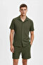 Men's Waffle Fabric Short Sleeve Shirt Shorts Set Regular Fit Summer Two-Piece Set - Khaki - 4