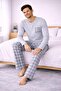 Cotton Jersey Bottom Plaid Long-Sleeved Men's Pajama Set - 3