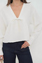 Women's Ecru V-Neck Front Lace-Up Loose Long Sleeve Muslin Blouse - 3