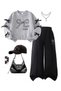 Ribbon Printed Top Gray Sweat Bottom Wide Leg Black Ribbon Detailed Set