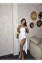White Strapless Draped Slit Detail Long Dress - 2