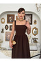 Brown long dress with straps, square neck, and bow detail