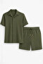 Men's Waffle Fabric Short Sleeve Shirt Shorts Set Regular Fit Summer Two-Piece Set - Khaki - 3