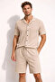 Men's Waffle Fabric Short Sleeve Shirt Shorts Set Regular Summer Two-Piece Set - Beige