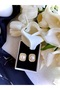 Gold Square Striped Pearl Stud Earrings - 5