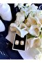 Gold Square Striped Pearl Stud Earrings - 4