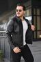 Men's Black Zippered Leather Jacket - 7