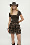 Women's Karen Lace Belted Plaid Pattern Layered Short Brown Skirt - 3