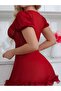 قميص نوم أحمر قصير الأكمام مع كشكشة صغيرة - 4
