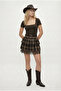 Women's Karen Lace Belted Plaid Pattern Layered Short Brown Skirt - 4