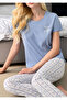 Women's Blue Pajama Set - Short Sleeve Crew Neck Cotton Bottom Top Set - 3